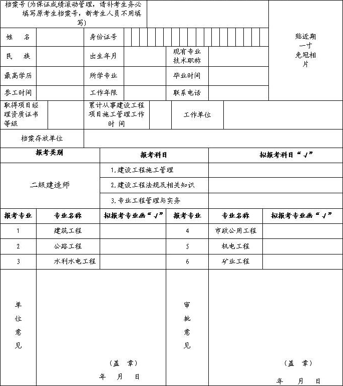 二级建造师执业资格考试报名表