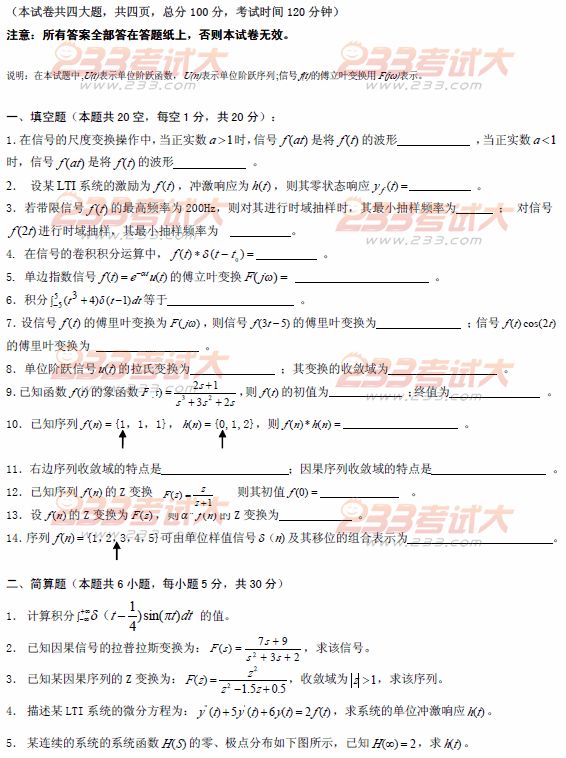 桂林电子科技大学2007年在职GCT信号与系统试题
